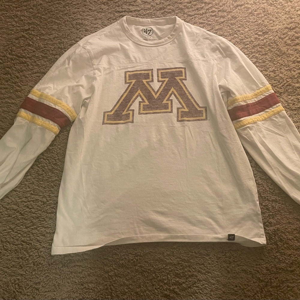 47 Men's White Long Sleeve Shirt with Maroon and Gold Stripes